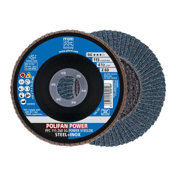 Pferd 4-1/2" x 7/8" A.H. POLIFAN Flap Disc - Z SG POWER STEELOX, Zirconia, 60 Grit, Conical 62223 - main